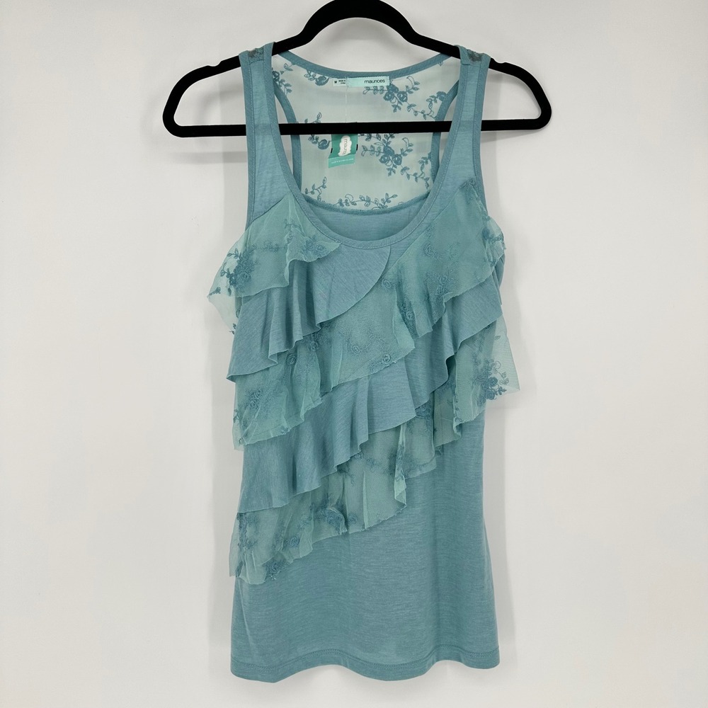 NEW Maurices Light Teal Ruffle Lace Mesh Tank Top Boho Coastal Summer M
